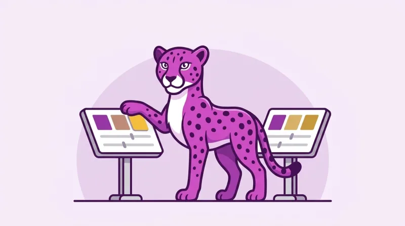 De paarse cheeta van Siteplan tussen twee bedieningspanelen, met een poot op het linkse