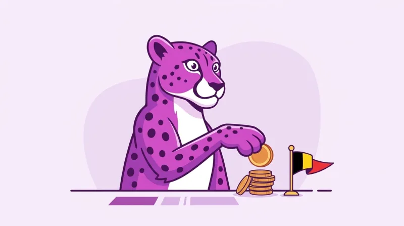 De paarse cheeta van Siteplan legt een extra munt op een stapel, naast een Belgisch vlaggetje