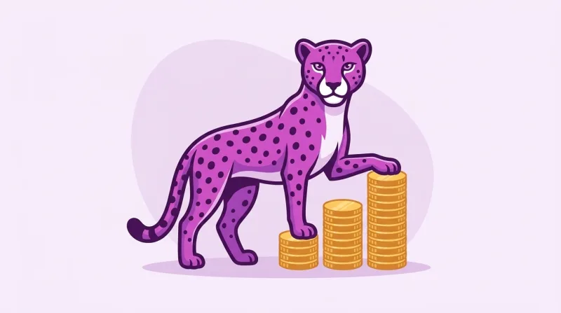 De paarse cheeta van Siteplan bij drie stapels munten die van links naar rechts hoger worden