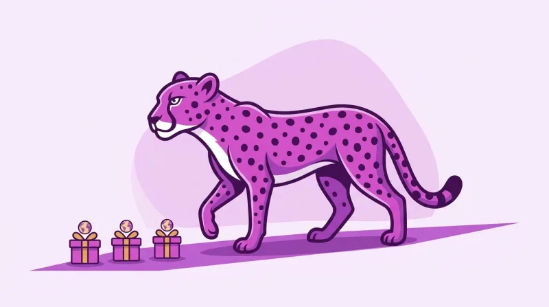 De paarse cheeta van Siteplan loopt naar drie gelijke cadeaus, elk met een kleine wereldbol erop
