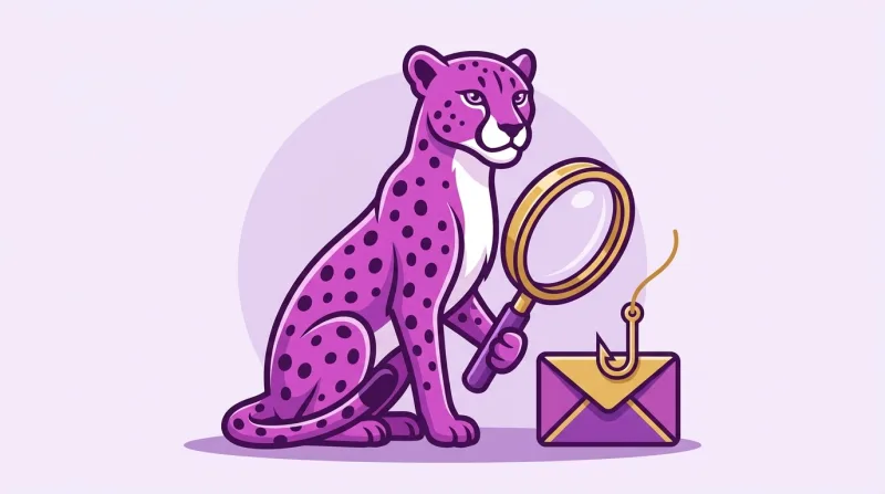 De paarse cheeta van Siteplan bekijkt met een vergrootglas een envelop waar een vishaak uitsteekt