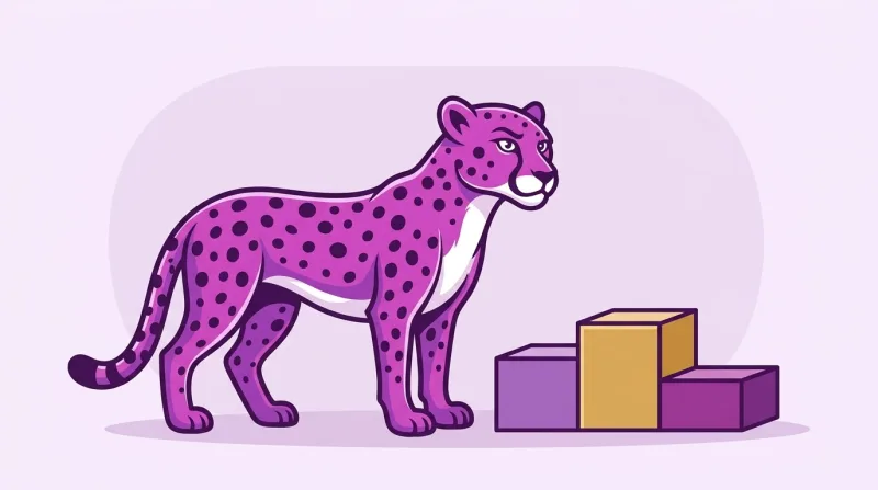 De paarse cheeta van Siteplan bekijkt sceptisch een podium met drie blanco treden