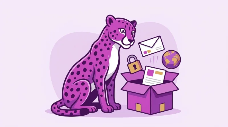 De paarse cheeta van Siteplan kijkt in een open doos met een hangslot, een envelop en een wereldbol