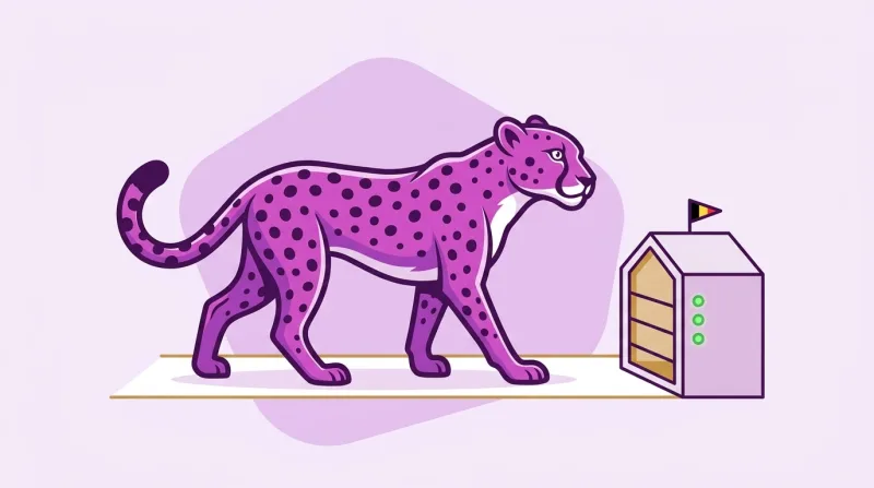 De paarse cheeta van Siteplan loopt over een recht pad naar een serverhuisje met een Belgisch vlaggetje