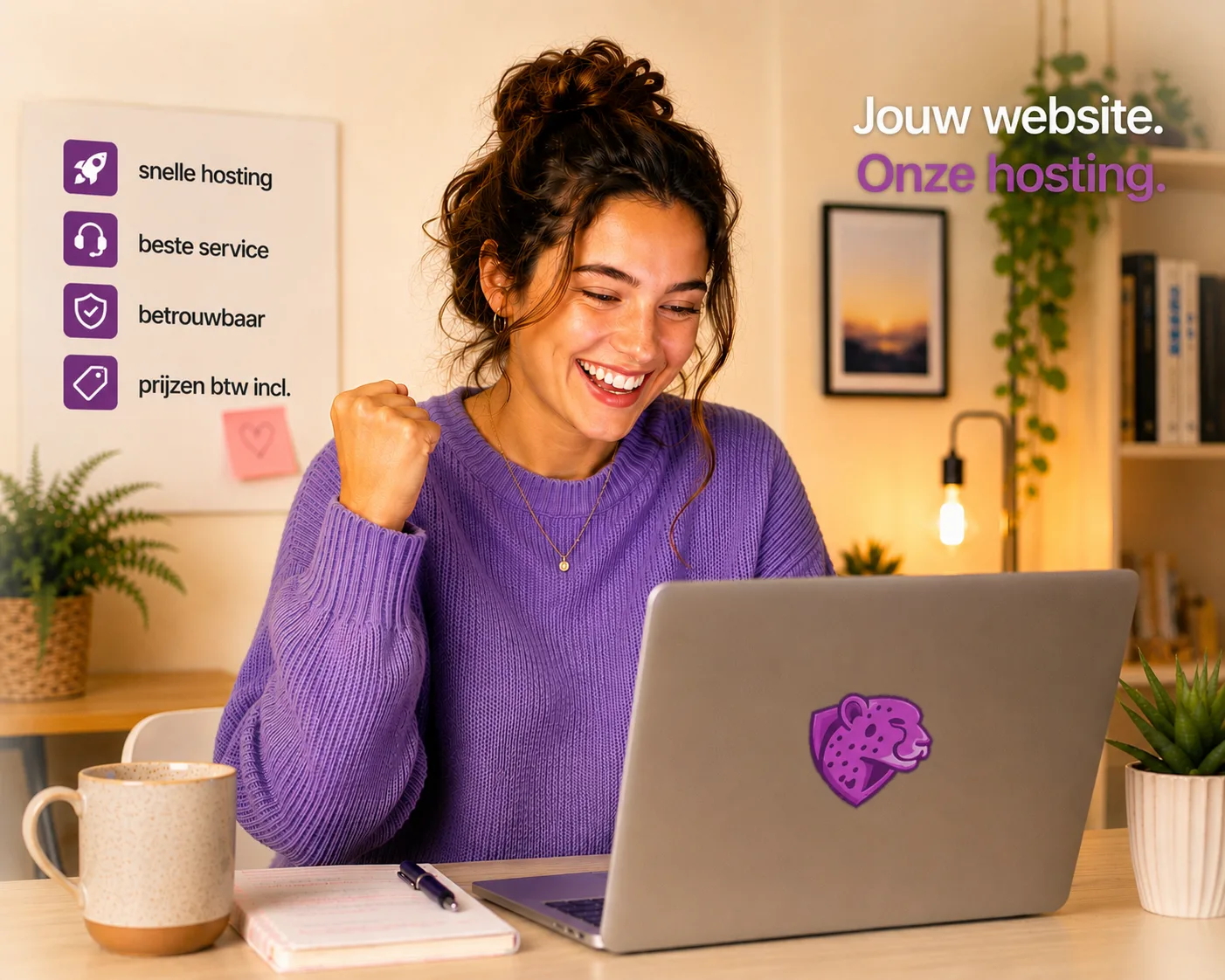 Goedkope webhosting en domeinnaam registreren Vrolijke vrouw met laptop thuis